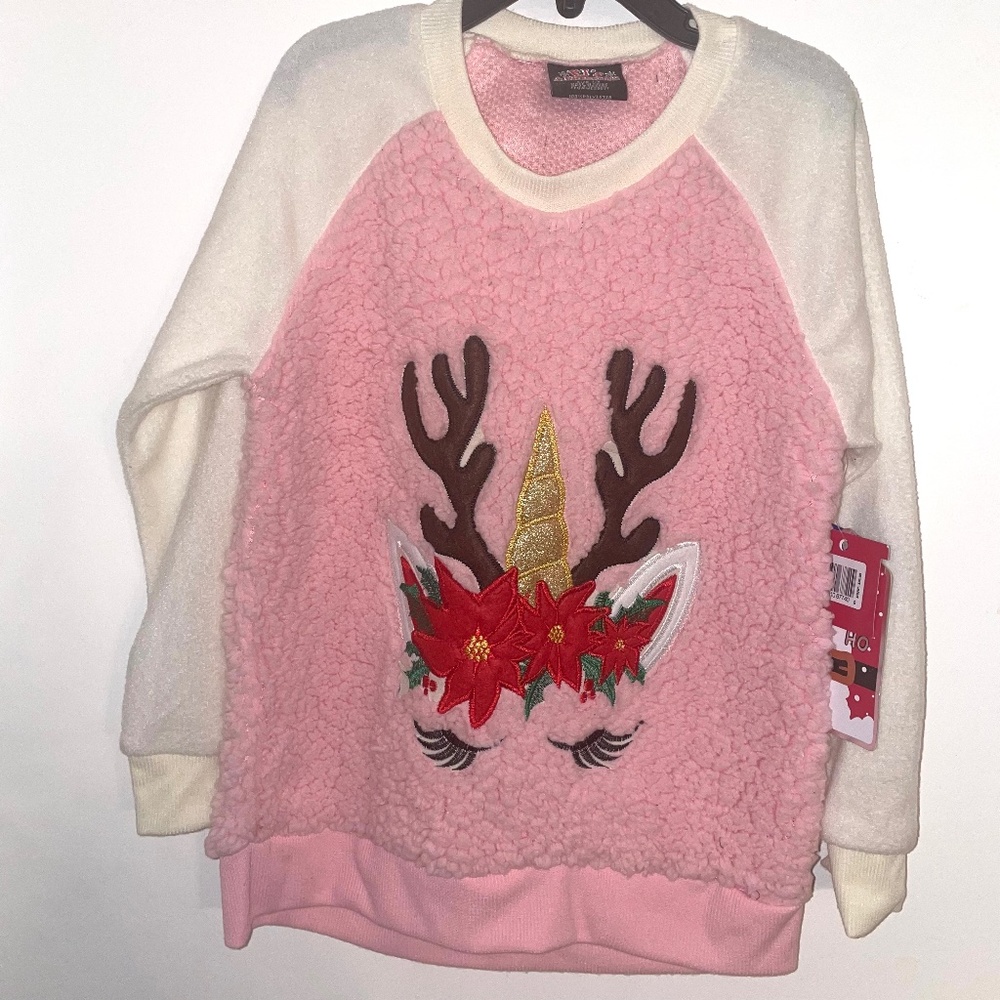 Christmas Girls Pajama Top With Unicorn Reindeer Size 7/8 Medium Pink
